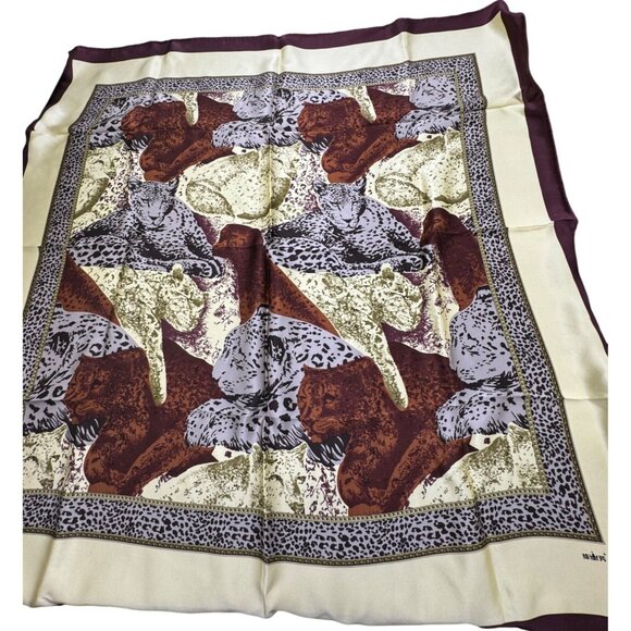 Vintage Qifang Leopard Print Silk Scarf 34" x 34" Square Accessory With Animal D - Picture 1 of 7